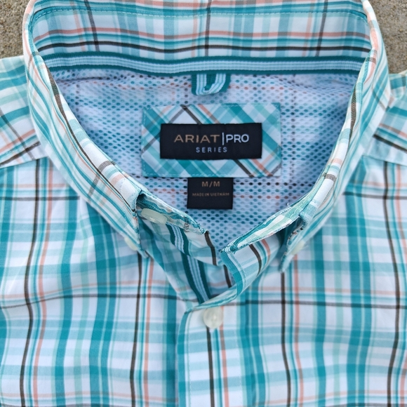 Ariat Men's Pro Shirt Blue White Plaid Medium Cowboy Button Down Short Sleeve - Picture 9 of 9